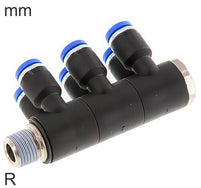 6-Way Distributor Push-In Fittings Brass and Plastic R-Threads Male