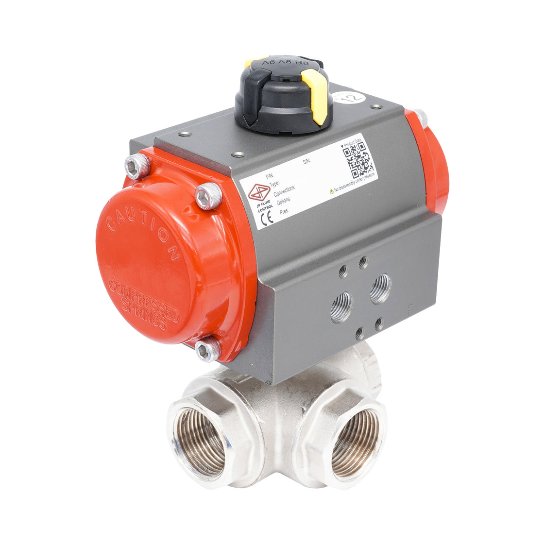 Rp 3/4" T-Bore 3-Way Pneumatic Brass Ball Valve - Spring Opening
