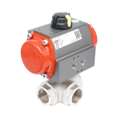 Rp 3/4" T-Bore 3-Way Pneumatic Brass Ball Valve - Spring Opening