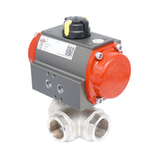 Rp 3/4" T-Bore 3-Way Pneumatic Brass Ball Valve - Spring Opening