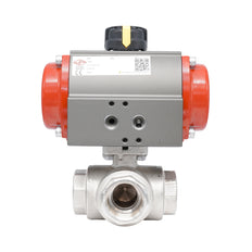 Rp 3/4" T-Bore 3-Way Pneumatic Brass Ball Valve - Spring Opening