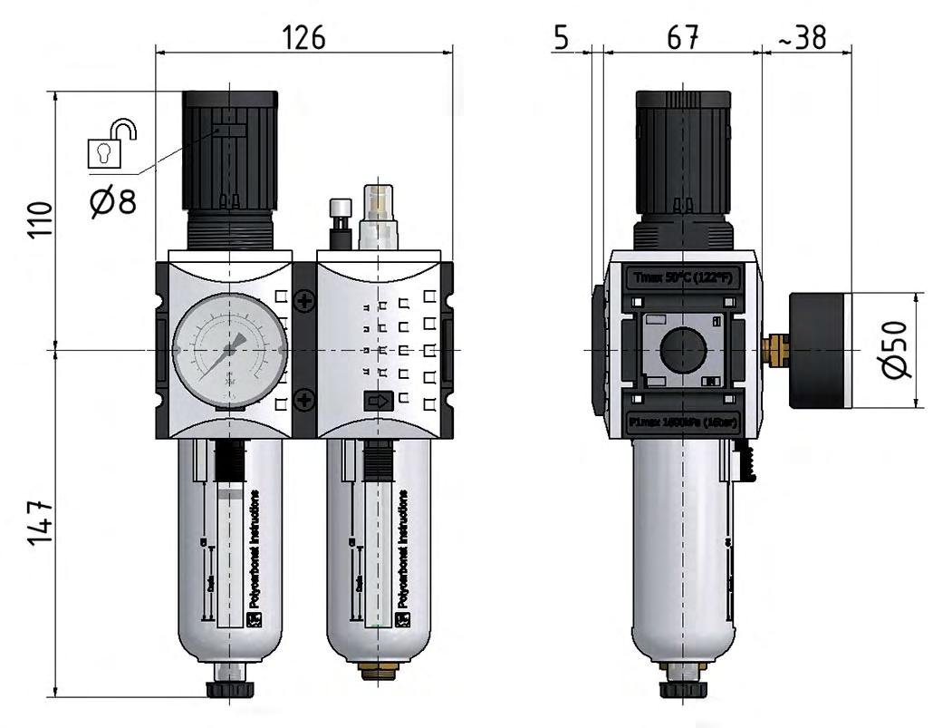 FRL 2-Part G3/8'' 3500 l/min 0.5-10.0bar/7-145psi Semi-Auto Polycarbonate Futura 2