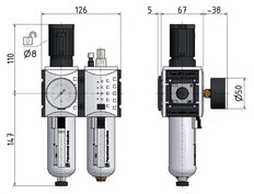 FRL 2-Part G3/8'' 3500 l/min 0.5-10.0bar/7-145psi Semi-Auto Polycarbonate Futura 2