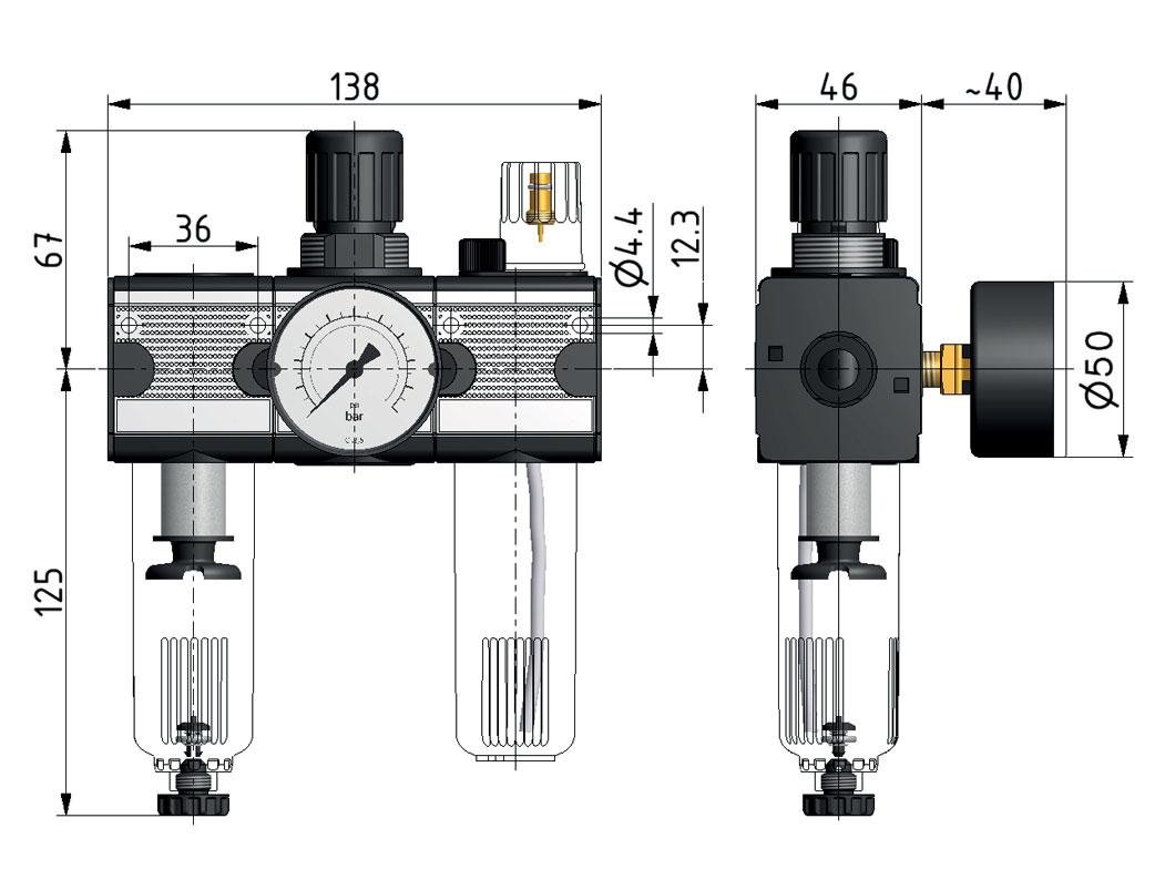 FRL 3-Part G1/4'' 1200 l/min 0.5-16.0bar/7-232psi Semi-Auto Polycarbonate Multifix 1