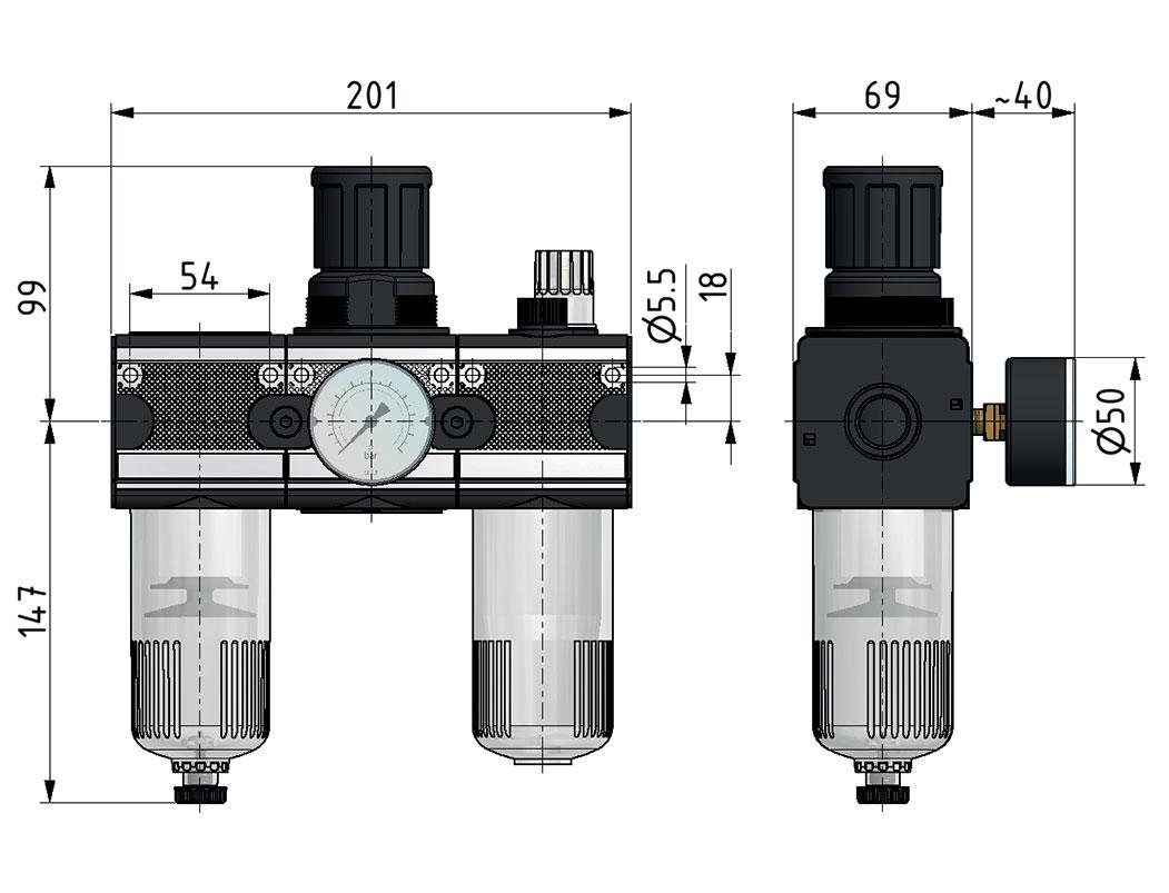 FRL 3-Part G3/4'' 5800 l/min 0.1-3.0bar/1-44psi Semi-Auto Polycarbonate Multifix 2