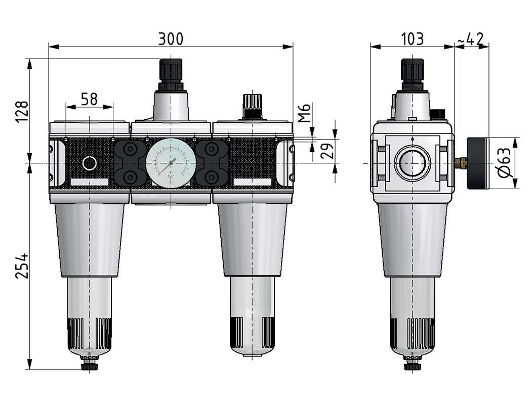 FRL 3-Part G3/4'' 13500 l/min 0.1-3.0bar/1-44psi Semi-Auto Polycarbonate Multifix 5