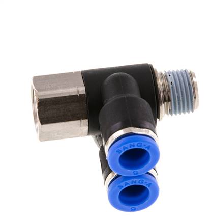 6mm x R1/8'' Double 90deg Elbow Push-in Fitting with Male-Female Threads Brass/PA 66 NBR Rotatable [2 Pieces]