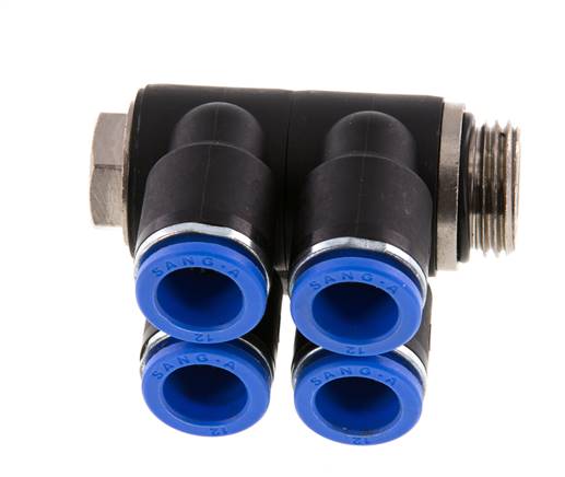 12mm x G1/2'' 4-way Manifold Push-in Fitting with Male Threads Brass/PA 66 NBR Rotatable