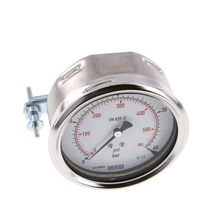 0..40 Bar (0..580 psi) Panel Mount Pressure Gauge Steel/Brass 100 mm Class 1.0 (Bracket)