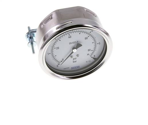 0..6 Bar (0..87 psi) Panel Mount Pressure Gauge Steel/Brass 100 mm Class 1.0 (Bracket)