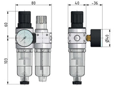 FRL 2-Part G1/4'' 700 l/min 0.2-6.0bar/3-87psi Semi-Auto 40 mm Pressure Gauge Polycarbonate Multifix 0