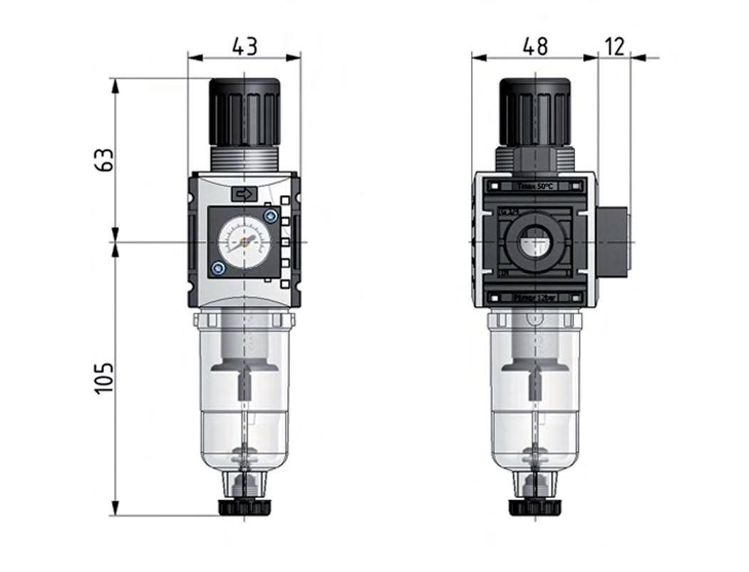 Filter-Regulator G1/4'' 1000 l/min 0.2-4.0bar/3-58psi Semi-Auto 40 mm Pressure Gauge Polycarbonate Futura 0