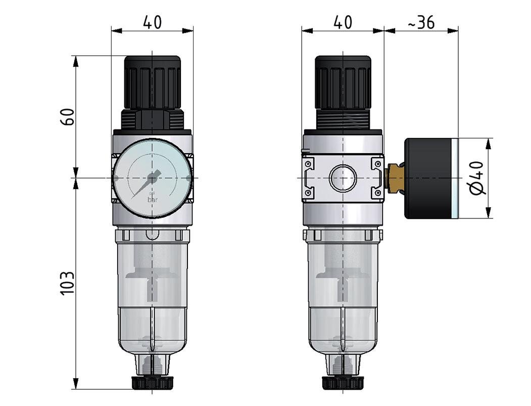 Filter-Regulator G1/4'' 1450 l/min 0.2-6.0bar/3-87psi Semi-Auto 40 mm Pressure Gauge Polycarbonate Multifix 0