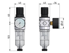 Filter-Regulator G1/8'' 1450 l/min 0.2-6.0bar/3-87psi Semi-Auto 40 mm Pressure Gauge Metal Multifix 0