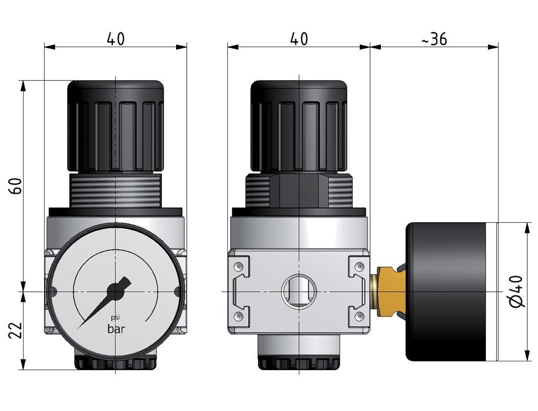 Pressure Regulator G1/8'' 1450 l/min 0.1-1.0bar/1-14psi Zinc Die-Cast 40 mm Pressure Gauge Multifix 0