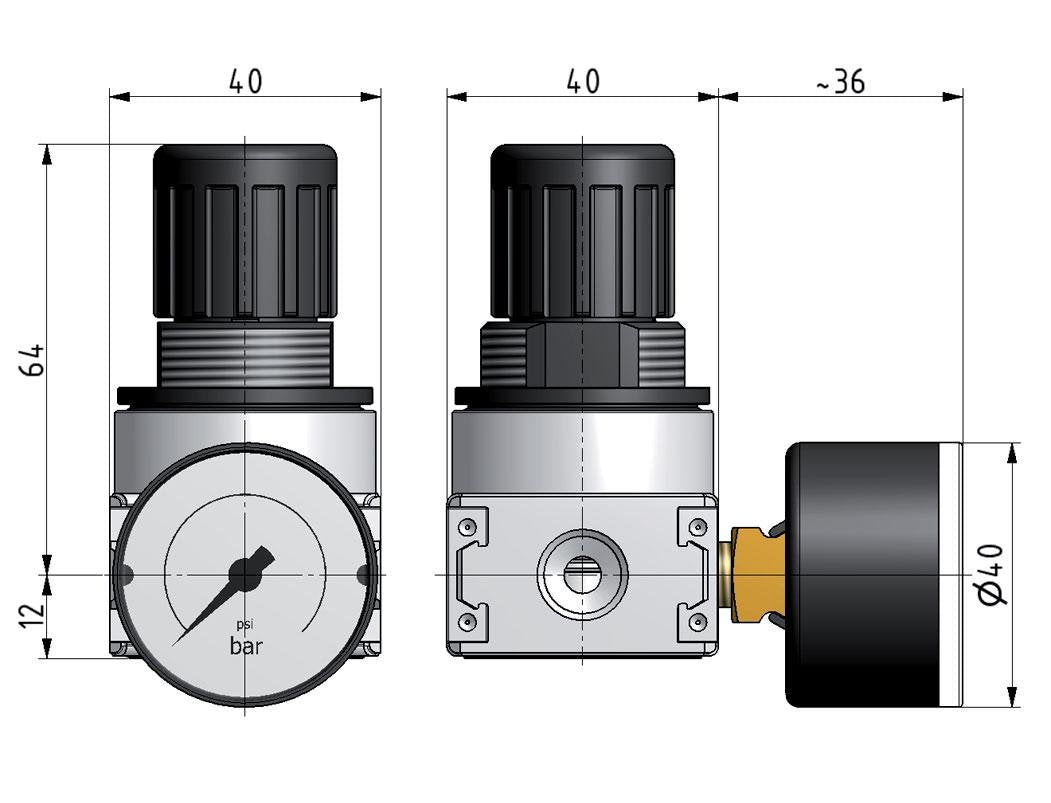 Pressure Regulator G1/4'' 600 l/min 0.2-6.0bar/3-87psi Zinc Die-Cast 40 mm Pressure Gauge Multifix 0