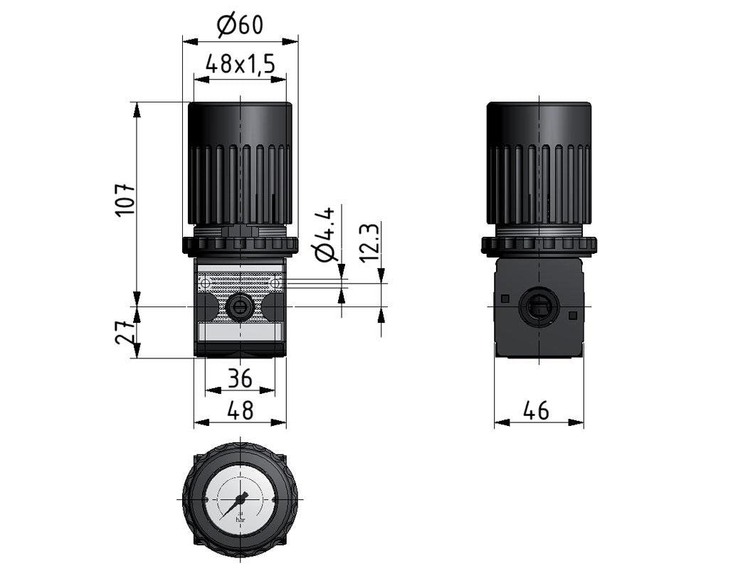 Pressure Regulator G1/4'' 2100 l/min 0.1-3.0bar/1-44psi Zinc Die-Cast Knob with Gauge Multifix 1