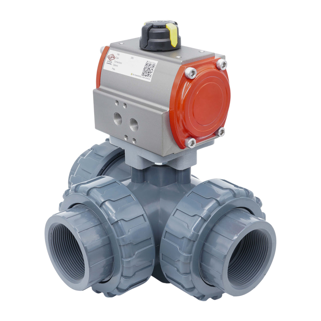 3-Way Pneumatic Ball Valve 63 mm L-bore PVC Spring Opening