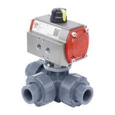 3-Way Pneumatic Ball Valve G1 1/4'' T-bore PVC Spring Opening