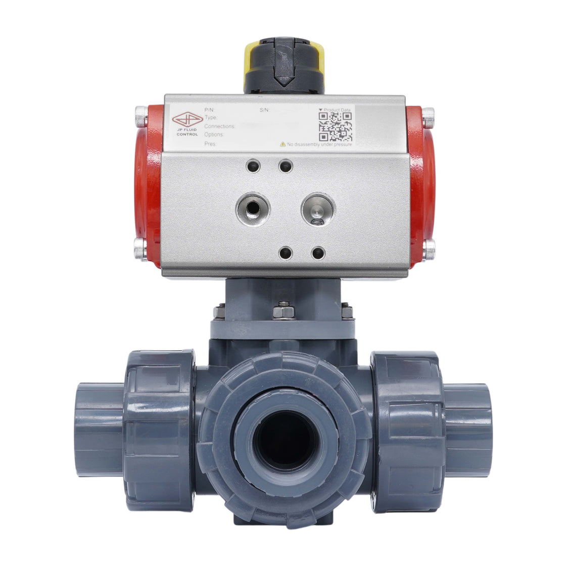 3-Way Pneumatic Ball Valve G1 1/4'' T-bore PVC Spring Opening