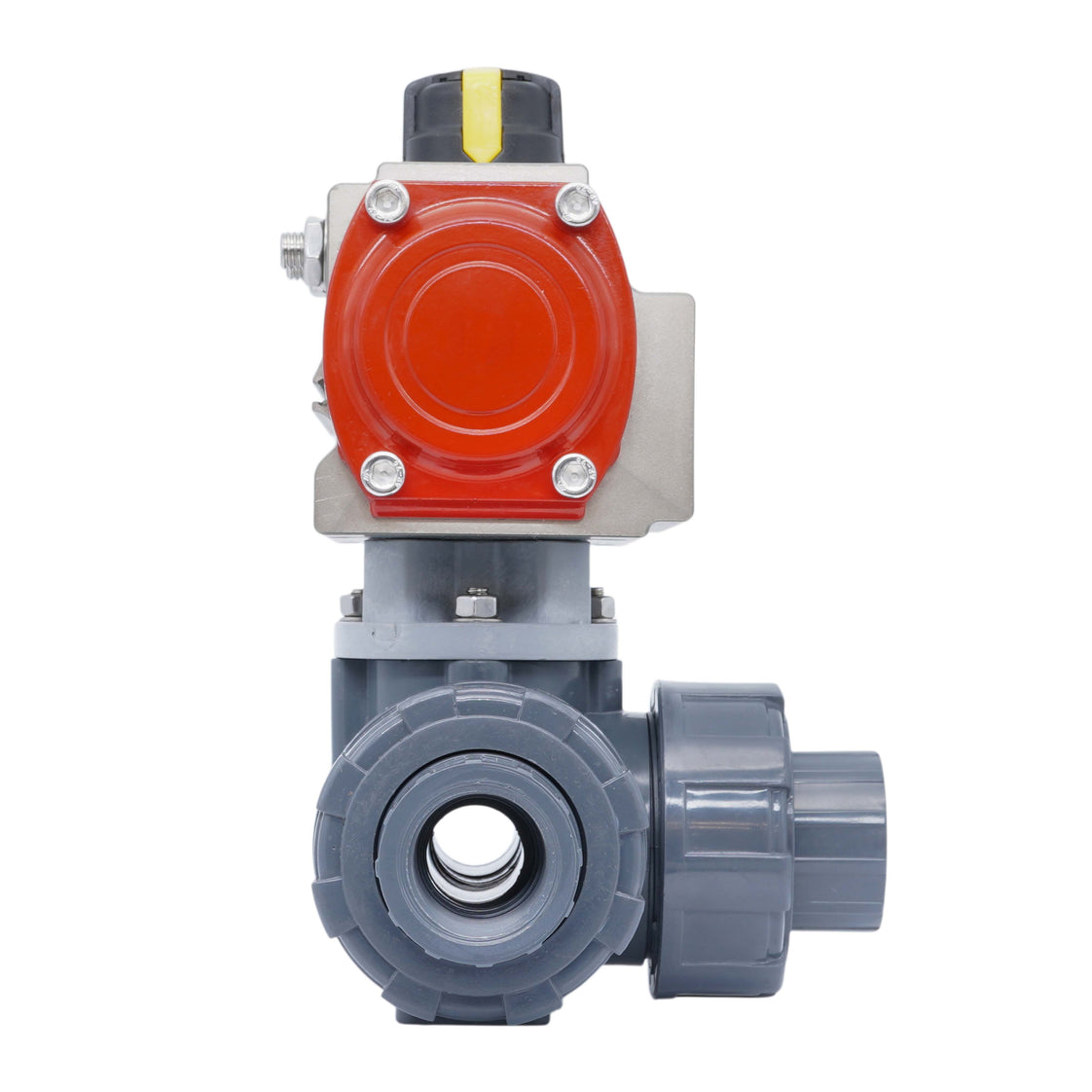 Solvent Socket 25mm T-Bore 3-Way Pneumatic Ball Valve PVC Spring Open
