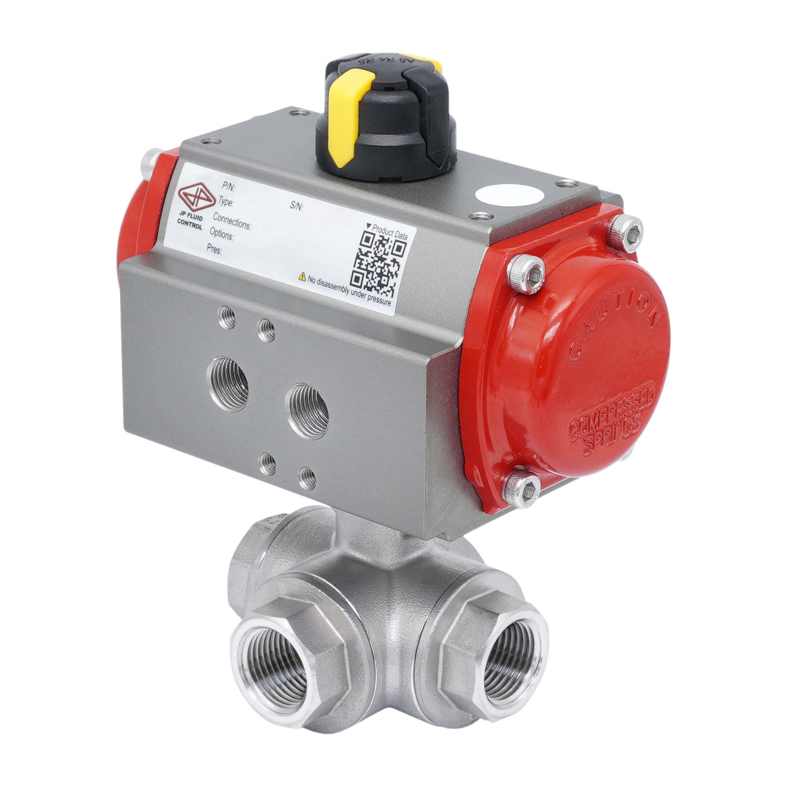 3-Way Pneumatic Ball Valve G1 1/4'' T-bore Stainless Steel Spring Opening