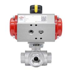 3-Way Pneumatic Ball Valve G1 1/4'' T-bore Stainless Steel Spring Opening