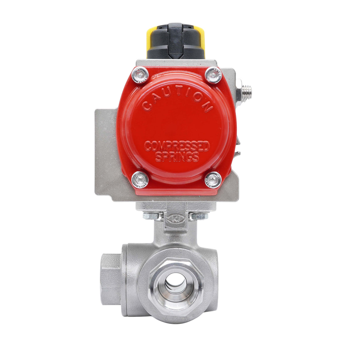 3-Way Pneumatic Ball Valve G1 1/4'' T-bore Stainless Steel Spring Opening