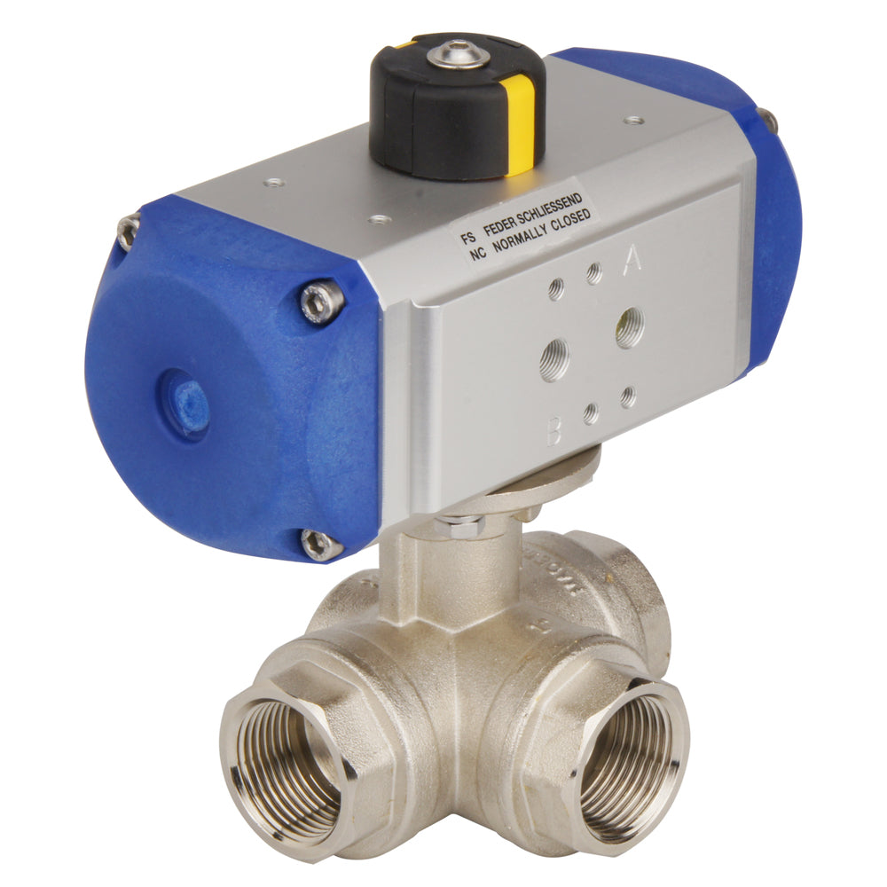 G1'' 3-Way L-port Brass Pneumatic Ball Valve Spring Open - BL3BA