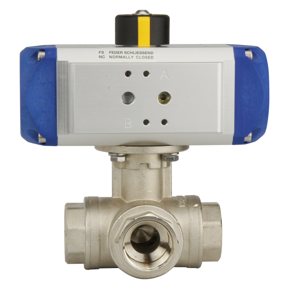 G1'' 3-Way L-port Brass Pneumatic Ball Valve Spring Open - BL3BA