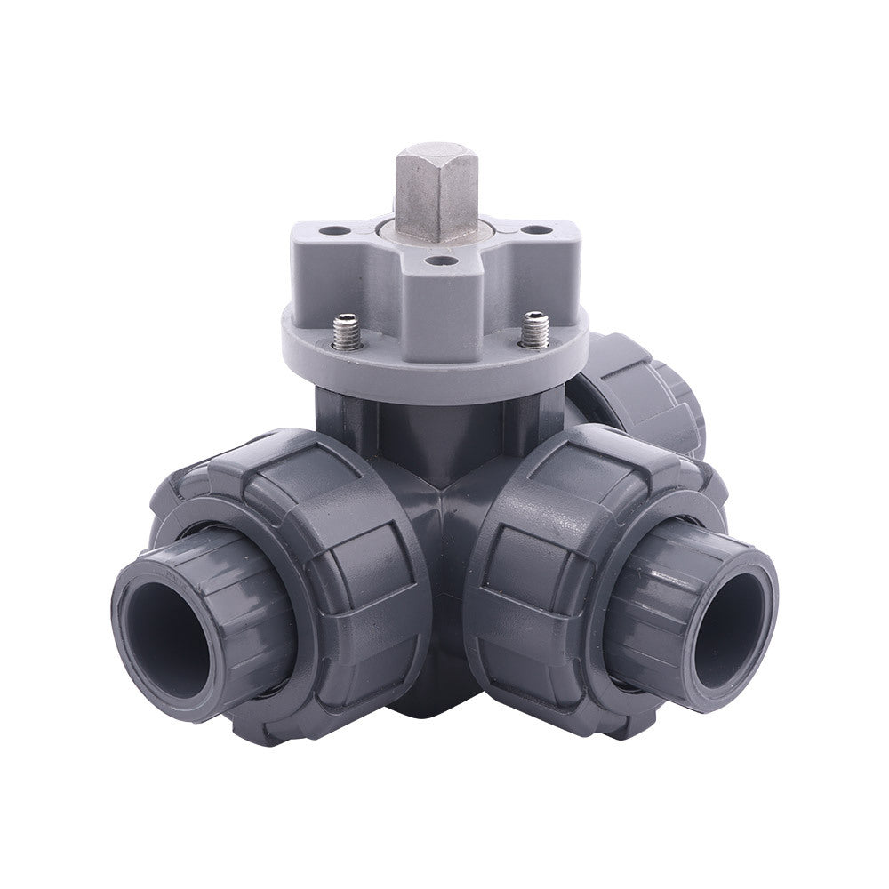 Solvent Socket 40 mm L-bore 3-Way PVC Ball Valve ISO-Top 10 bar PTFE/EPDM