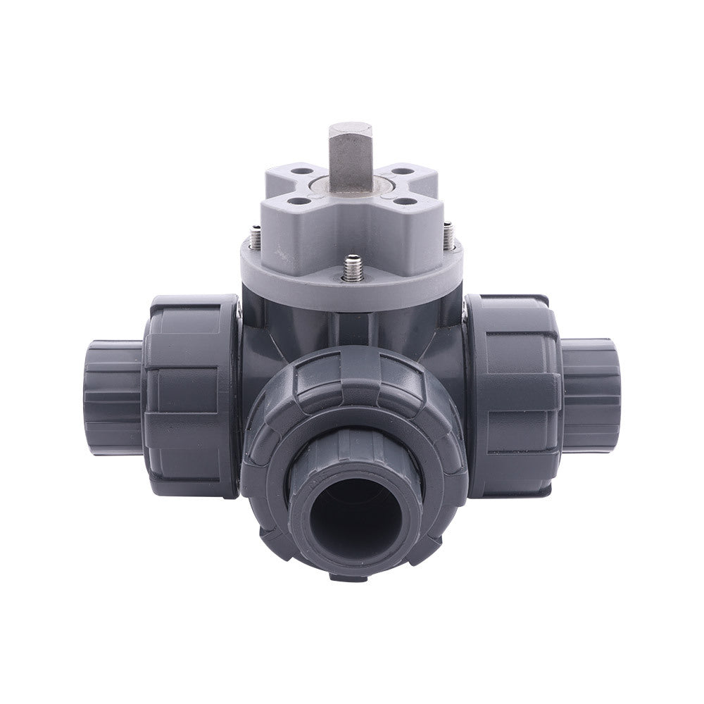 Solvent Socket 40 mm L-bore 3-Way PVC Ball Valve ISO-Top 10 bar PTFE/EPDM