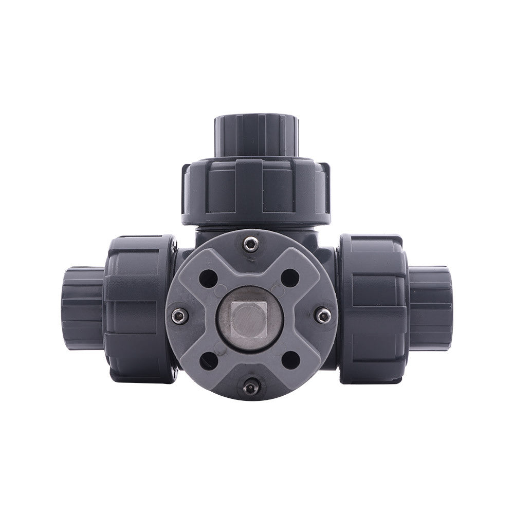 Solvent Socket 25 mm L-bore 3-Way PVC Ball Valve ISO-Top 10 bar PTFE/FKM
