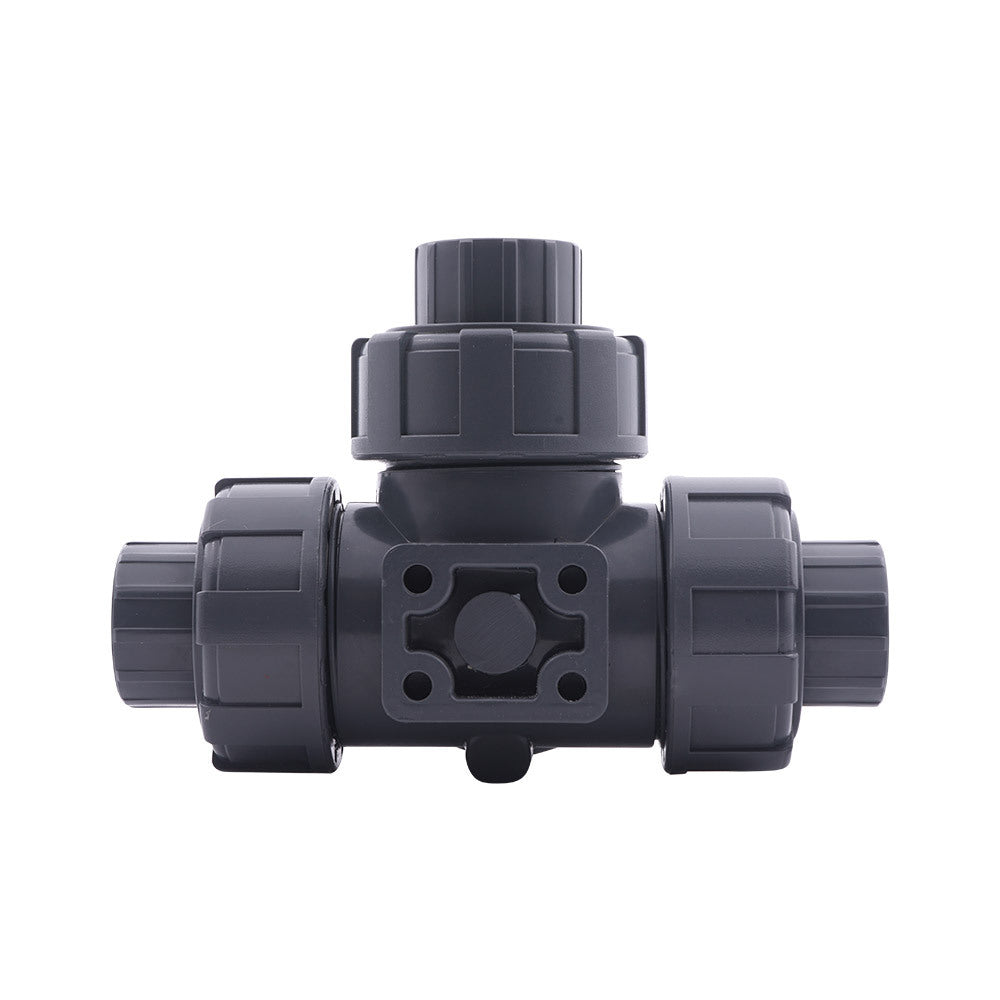 Solvent Socket 25 mm L-bore 3-Way PVC Ball Valve ISO-Top 10 bar PTFE/FKM