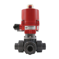 Solvent Socket 63 mm L-port 3-Way PVC Electric Ball Valve 24 V AC/DC PTFE/EPDM