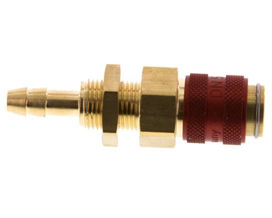 Brass DN 5 Red Air Coupling Socket 6 mm Hose Pillar Bulkhead Double Shut-Off