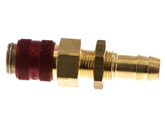Brass DN 5 Red Air Coupling Socket 9 mm Hose Pillar Bulkhead Double Shut-Off