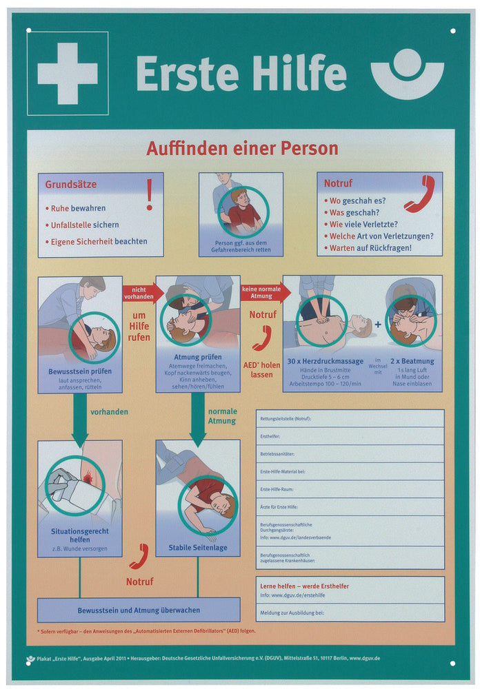 Dehn First Aid Sign Board BGI/GUV-I 510 German Language - 700052