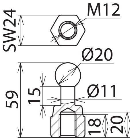 M12 Fixed Ball Point D 20mm Straight Female Thread - 754200