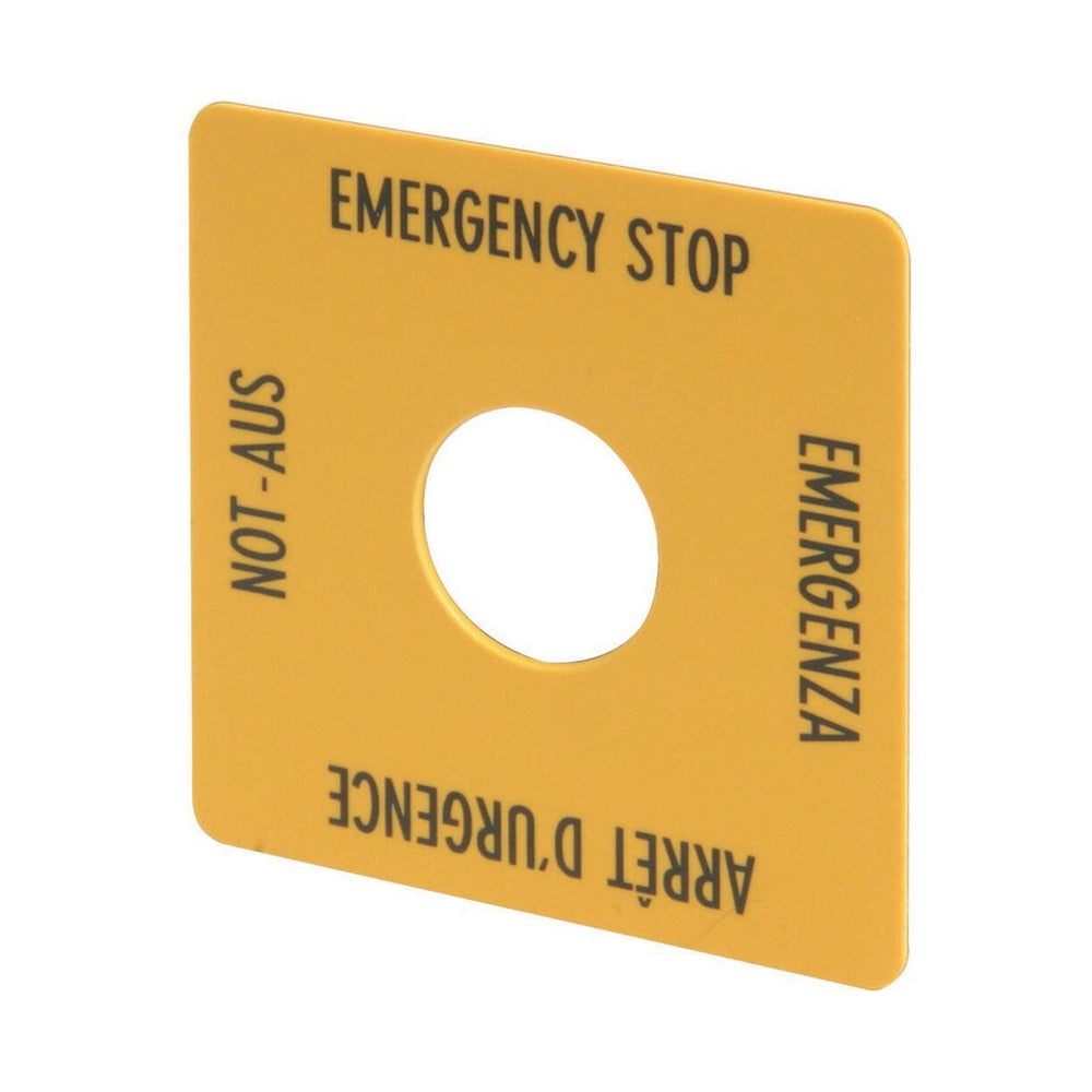Emergency Stop Label Multilingual 50x50mm Yellow - 216484