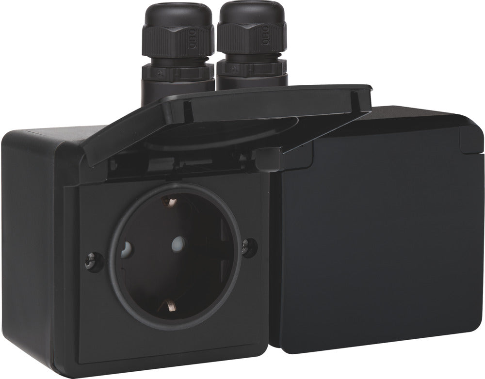 Dual Horizontal IP44 Socket Outlet 16A 250V Black - 761-37836