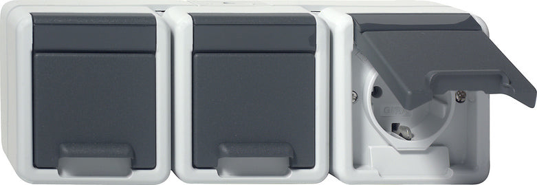Gira Triple SCHUKO Socket With Hinged Cover IP44 Grey - 478930