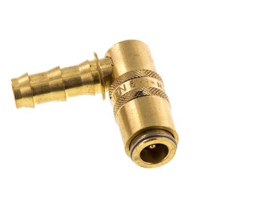 Brass DN 6 Mold Coupling Socket 9.5 mm Hose Pillar Unlocking Protection Double Shut-Off 90-deg