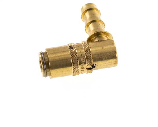 Brass DN 6 Mold Coupling Socket 9.5 mm Hose Pillar Unlocking Protection Double Shut-Off 90-deg