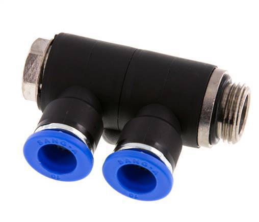 10mm x G3/8'' 2-way Manifold Push-in Fitting with Male Threads Brass/PA 66 NBR Rotatable