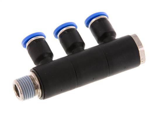 4mm x R1/8'' 3-way Manifold Push-in Fitting with Male Threads Brass/PA 66 NBR Rotatable