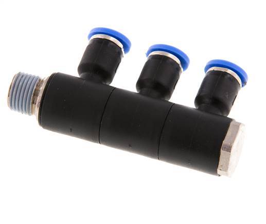 4mm x R1/8'' 3-way Manifold Push-in Fitting with Male Threads Brass/PA 66 NBR Rotatable