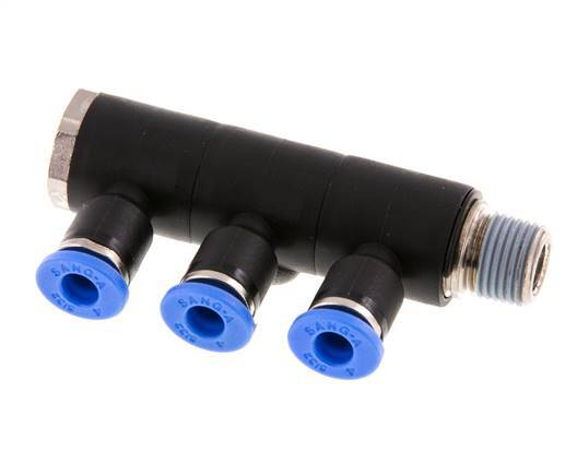4mm x R1/8'' 3-way Manifold Push-in Fitting with Male Threads Brass/PA 66 NBR Rotatable