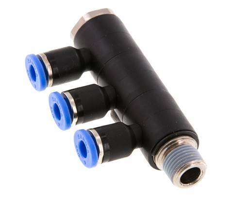 4mm x R1/8'' 3-way Manifold Push-in Fitting with Male Threads Brass/PA 66 NBR Rotatable