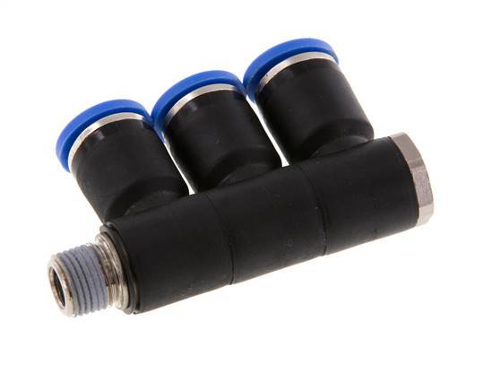 8mm x R1/8'' 3-way Manifold Push-in Fitting with Male Threads Brass/PA 66 NBR Rotatable